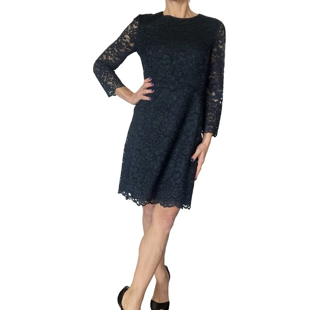 TORY BURCH Dress Blue Lace Green lined floral lace sheath cocktail mini 4 NWT